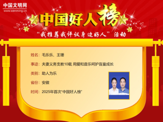 【校友动态】伟德官网2005届音乐教育专业校友毛乐乐、王珊荣登2025年首次“中国好人榜”
